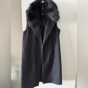 ZARA Black Sleeveless Long Coat Vest with detachable Faux Fur Collar Size M